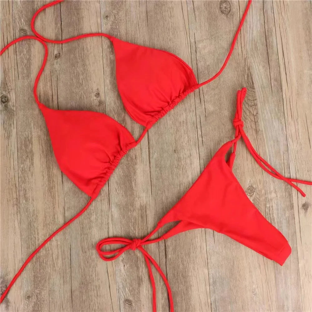 Women Tie Sexy Thong Bikini Set Side Swimsuit Bandage Style Brazilian Swimwear Split Strap Adjustable Solid Female Swimsuit Set