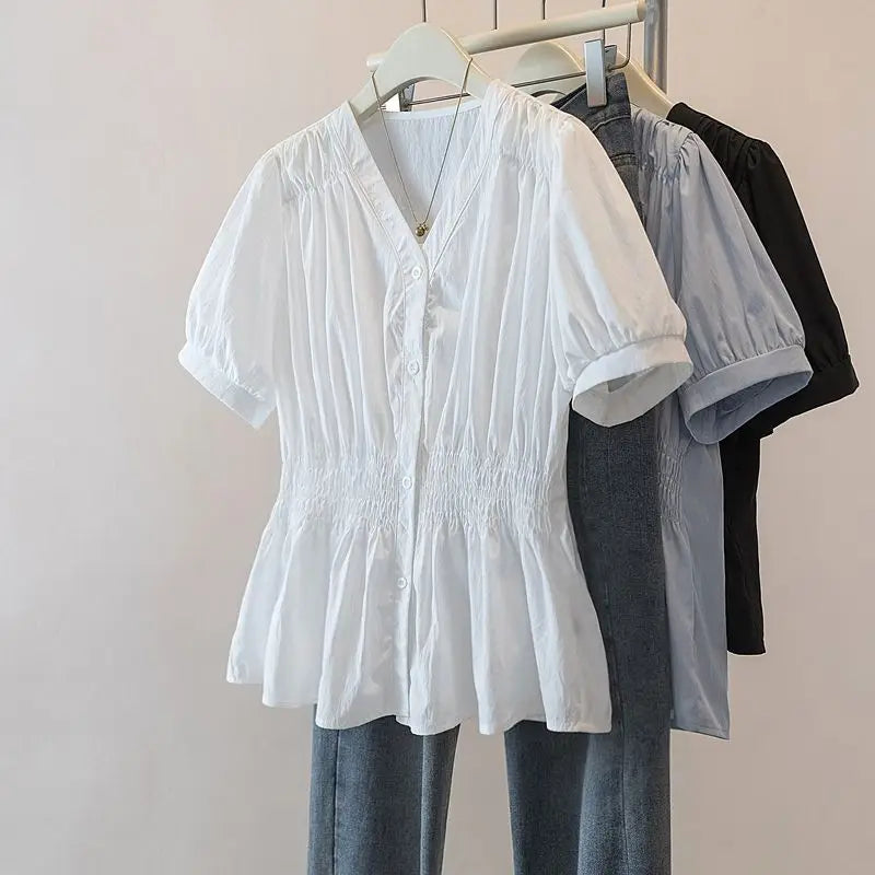 200 Pounds Plus Size Elastic Waist Office Lady Trend Shirt And Blouse Solid Color Top Women Clothing V-neck French Chic Basics