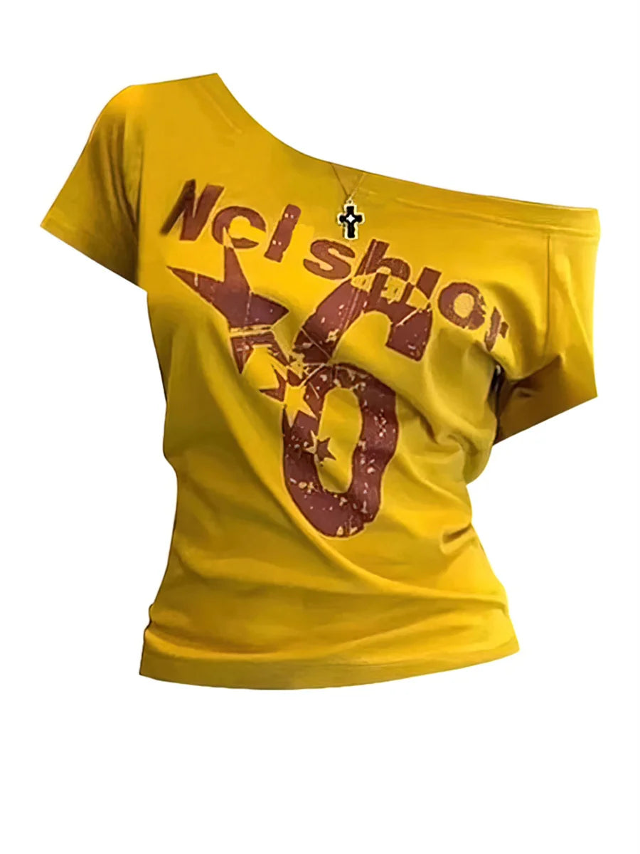 Y2k Sport Summer Off Shoulder Top Women Sexy Vintage 2000s Short Sleeve T Shirt Lady Body Basic Crop Top Female Casual