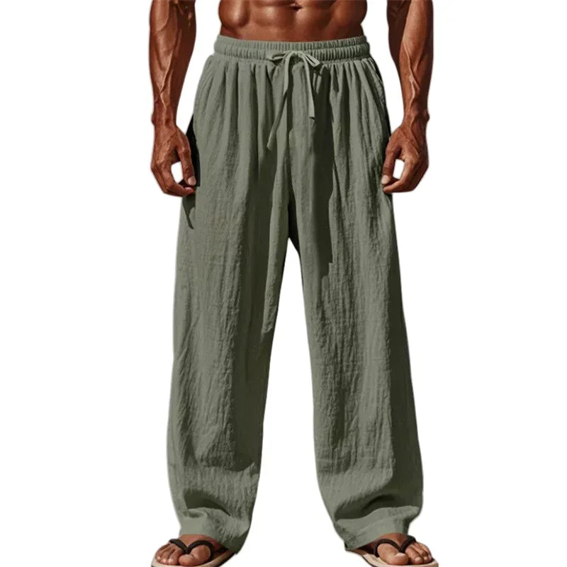 2025 New Men Cotton and Linen Casual Pants Simple and Comfortable Straight Leg Pants Waist Drawstring Plus Size Looser S-4XL
