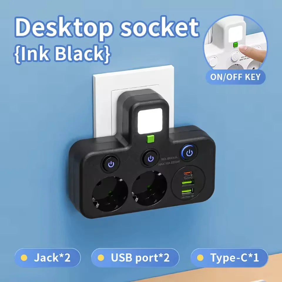 EU plug and socket, 4-pole socket, multifunctional wall plug, with or without extension cords or USB and Type-C interfaces