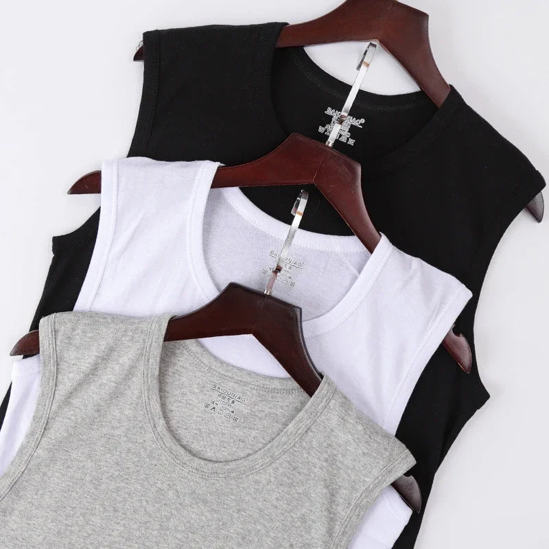 Men's Four Seasons Tight Cotton Vest Leisure Sports Fitness Running Teenagers Round Neck Sleeveless T-Shirt Can Be Built Inside