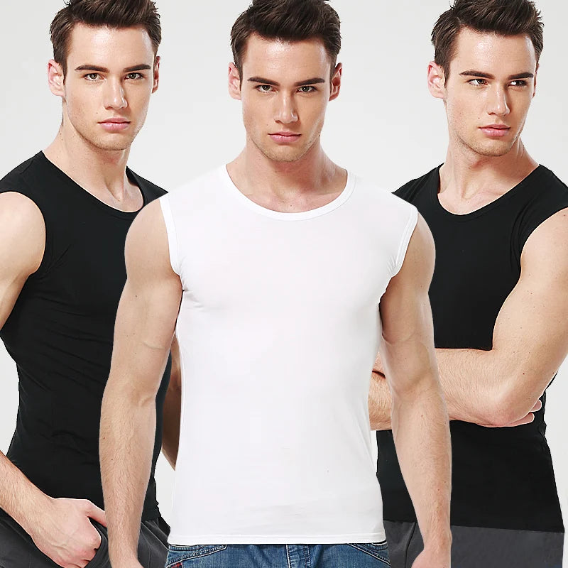 Men's Four Seasons Tight Cotton Vest Leisure Sports Fitness Running Teenagers Round Neck Sleeveless T-Shirt Can Be Built Inside