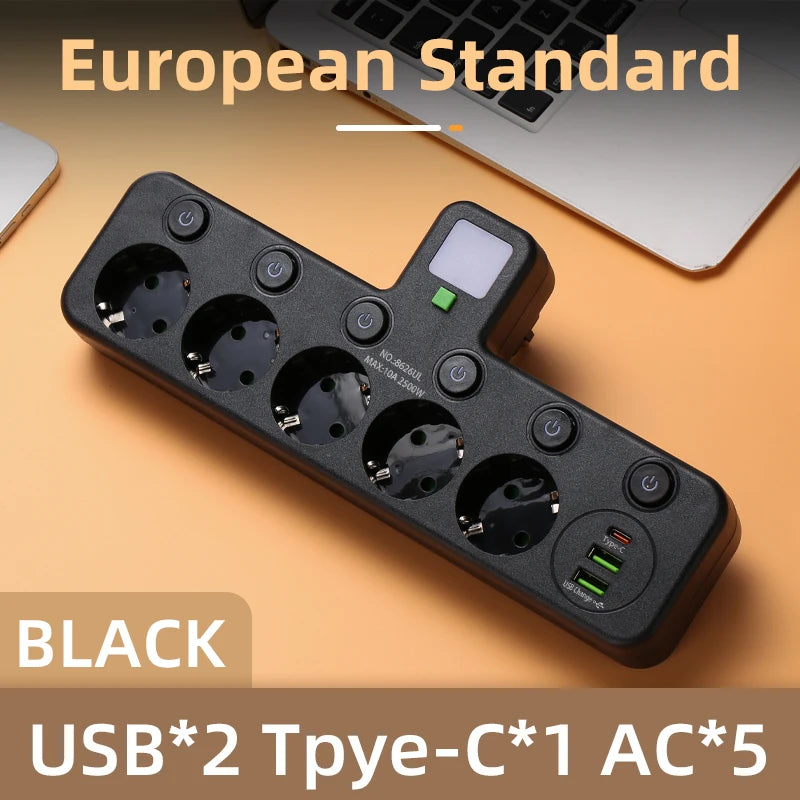 EU plug and socket, 4-pole socket, multifunctional wall plug, with or without extension cords or USB and Type-C interfaces