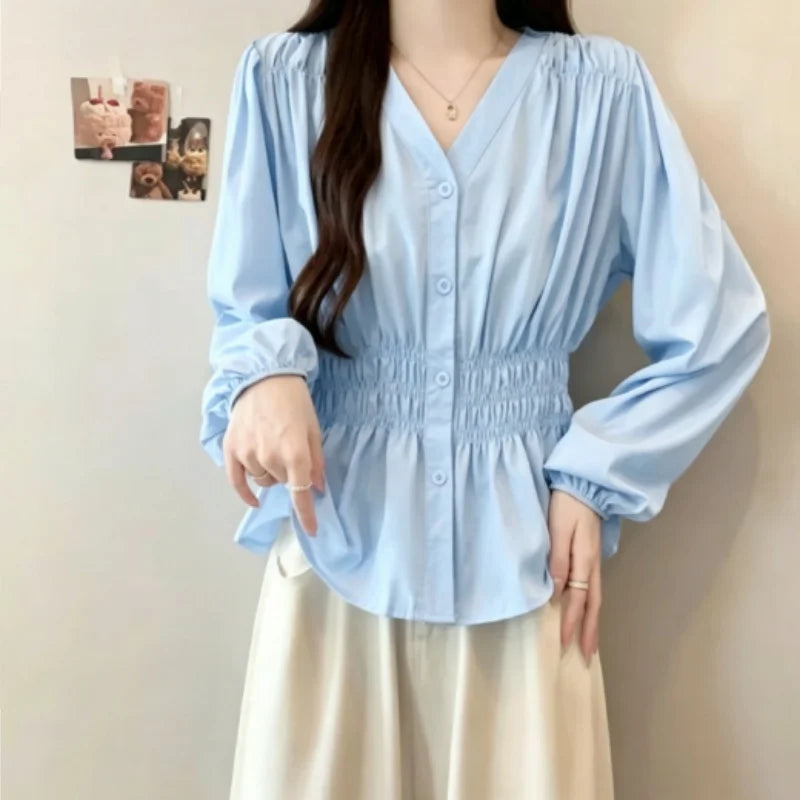 200 Pounds Plus Size Elastic Waist Office Lady Trend Shirt And Blouse Solid Color Top Women Clothing V-neck French Chic Basics