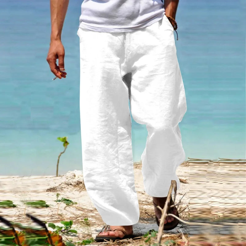 2025 New Men's Cotton Linen Pants Loose Autum Casual Pants Male Breathable Solid Color Drawstring Jogger Yoga Long Trousers