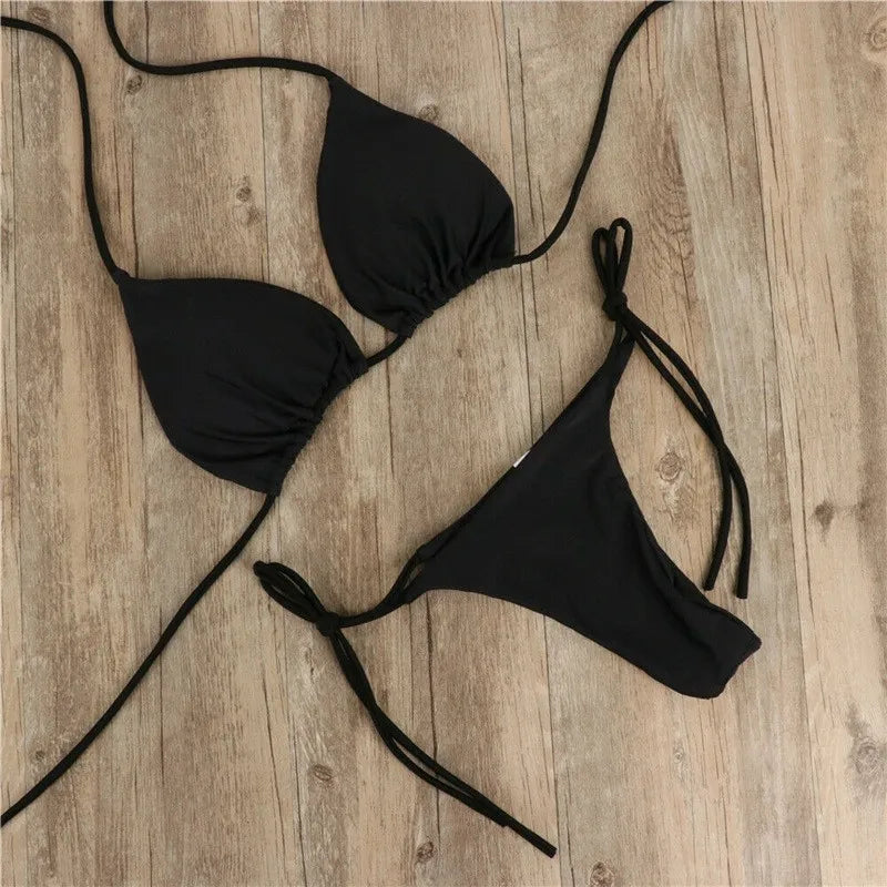 Women Tie Sexy Thong Bikini Set Side Swimsuit Bandage Style Brazilian Swimwear Split Strap Adjustable Solid Female Swimsuit Set