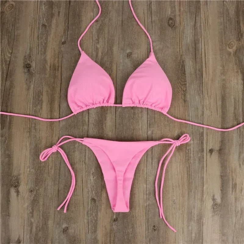 Women Tie Sexy Thong Bikini Set Side Swimsuit Bandage Style Brazilian Swimwear Split Strap Adjustable Solid Female Swimsuit Set