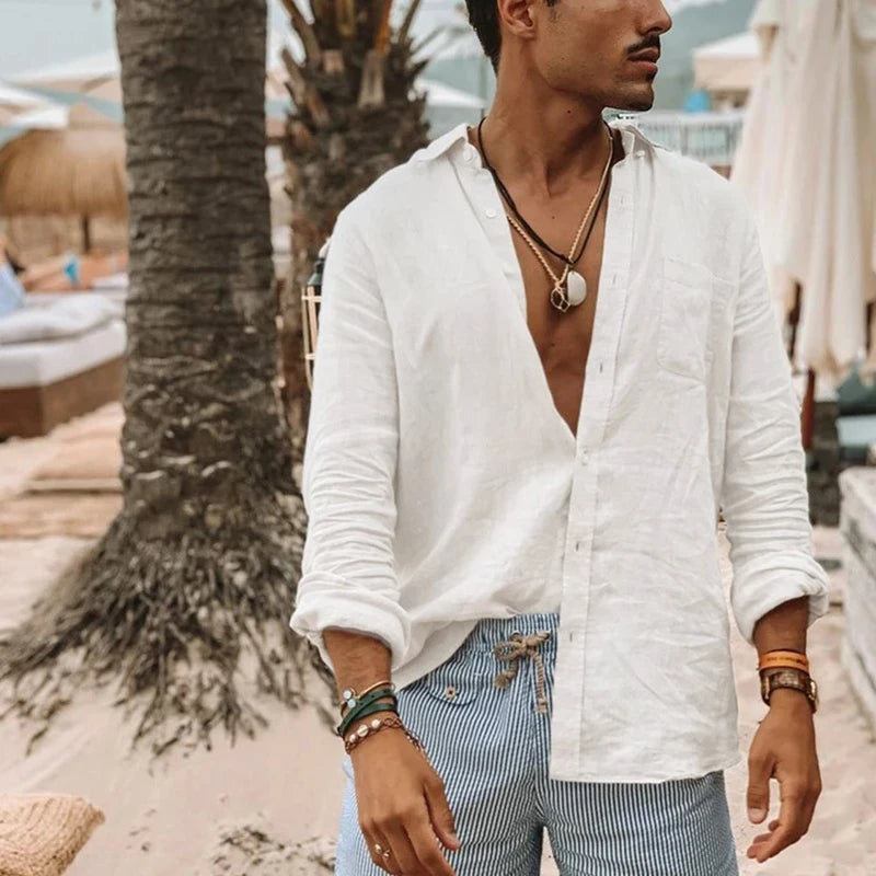 Men's casual fashion solid color thin long-sleeved shirt, lapel cardigan, suitable for outdoor activities
