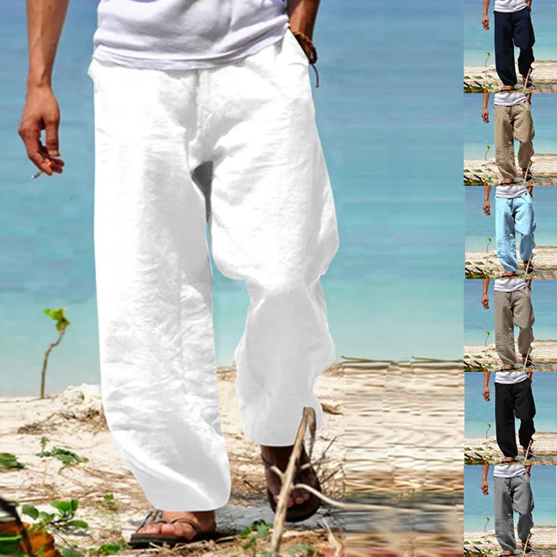 2025 New Men's Cotton Linen Pants Loose Autum Casual Pants Male Breathable Solid Color Drawstring Jogger Yoga Long Trousers