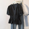 200 Pounds Plus Size Elastic Waist Office Lady Trend Shirt And Blouse Solid Color Top Women Clothing V-neck French Chic Basics
