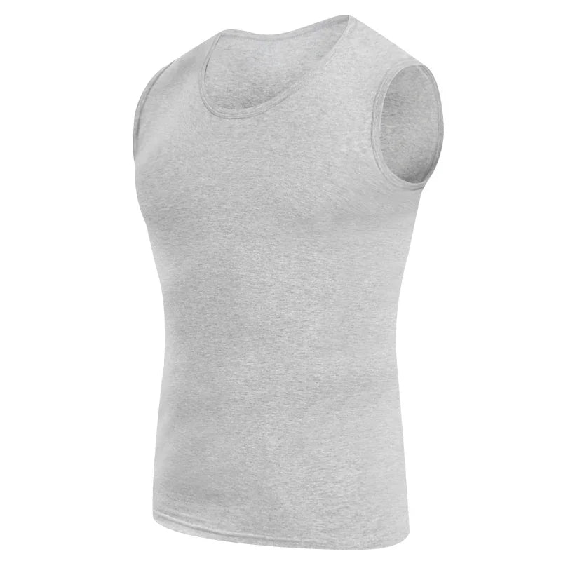 Men's Four Seasons Tight Cotton Vest Leisure Sports Fitness Running Teenagers Round Neck Sleeveless T-Shirt Can Be Built Inside