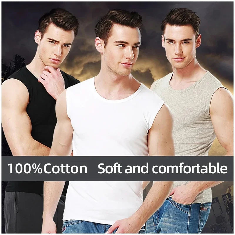 Men's Four Seasons Tight Cotton Vest Leisure Sports Fitness Running Teenagers Round Neck Sleeveless T-Shirt Can Be Built Inside