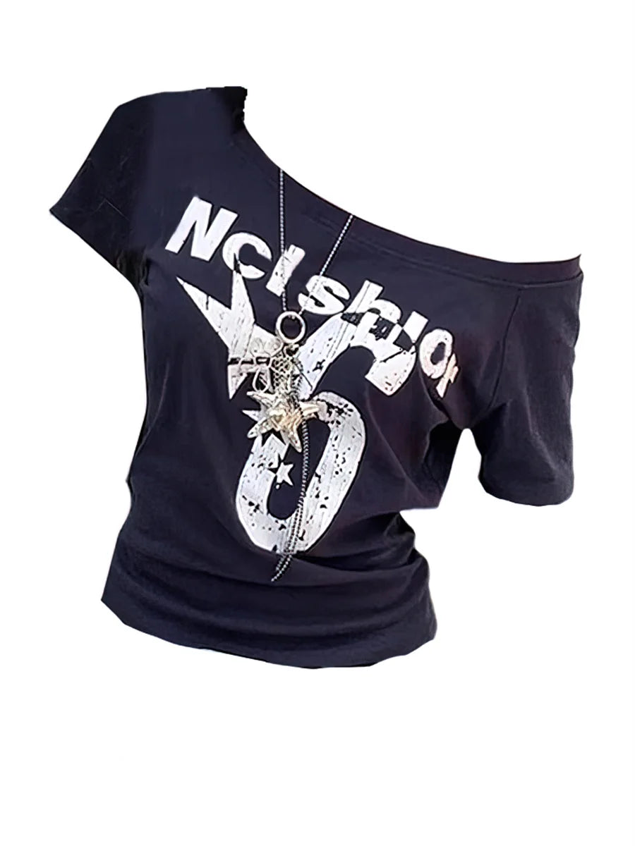 Y2k Sport Summer Off Shoulder Top Women Sexy Vintage 2000s Short Sleeve T Shirt Lady Body Basic Crop Top Female Casual