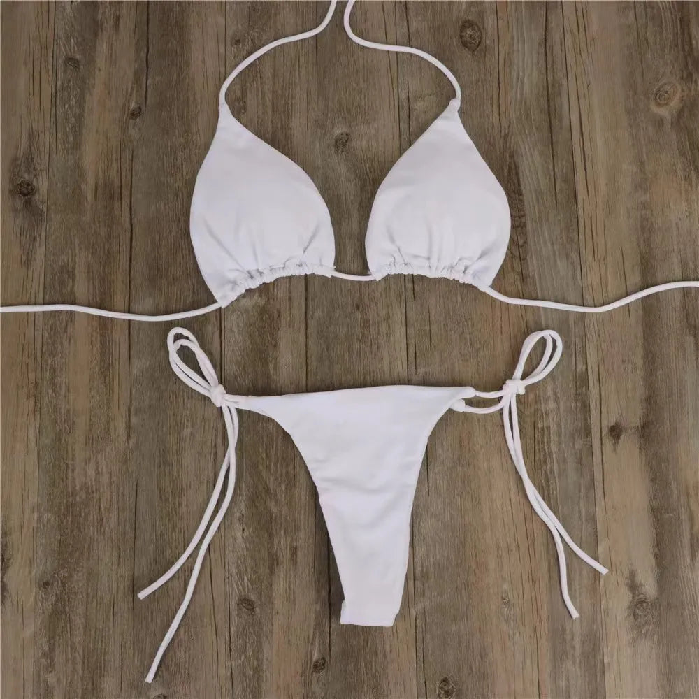 Women Tie Sexy Thong Bikini Set Side Swimsuit Bandage Style Brazilian Swimwear Split Strap Adjustable Solid Female Swimsuit Set