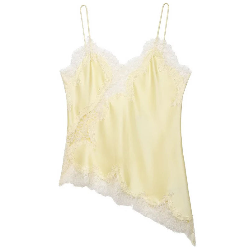 Elegant Asymmetrical Lace Lace Patchwork Top Sleeveless Backless Camisole Tops V Neck Sexy Lace Women tank top Summer Wear