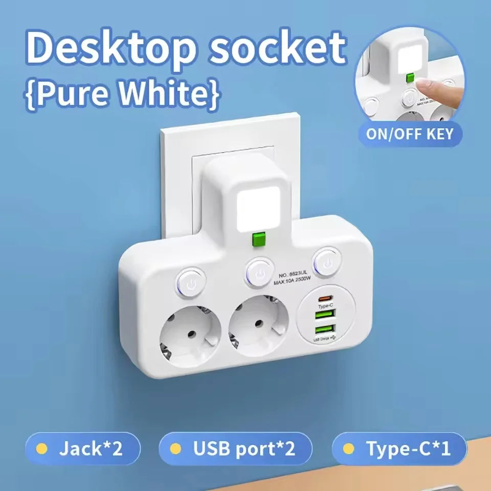 EU plug and socket, 4-pole socket, multifunctional wall plug, with or without extension cords or USB and Type-C interfaces