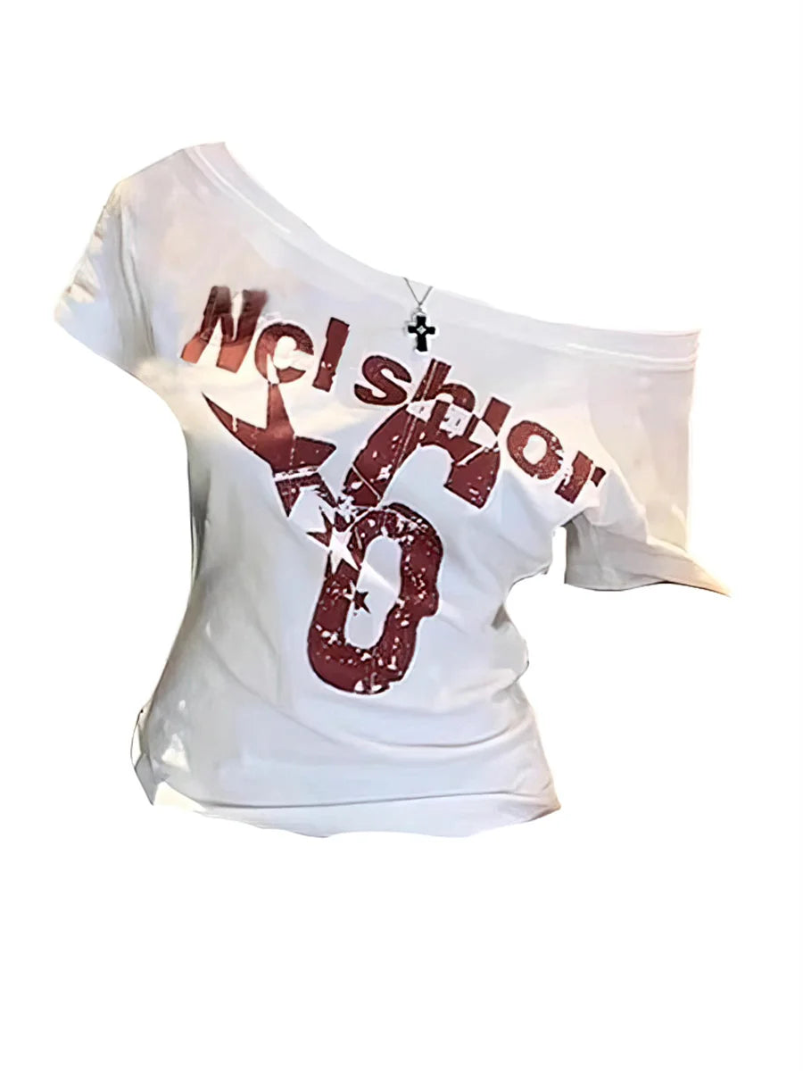 Y2k Sport Summer Off Shoulder Top Women Sexy Vintage 2000s Short Sleeve T Shirt Lady Body Basic Crop Top Female Casual