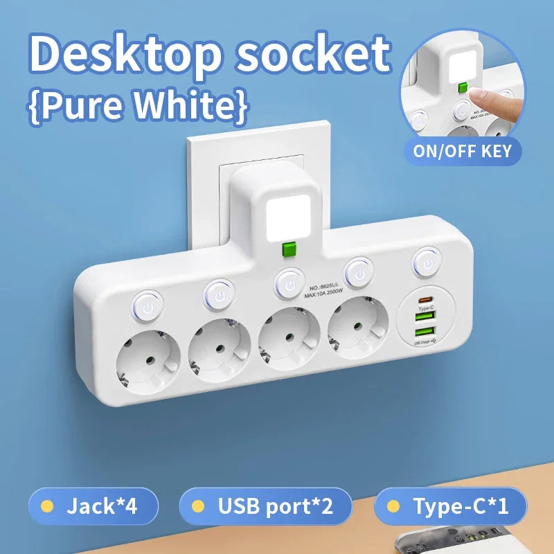 EU plug and socket, 4-pole socket, multifunctional wall plug, with or without extension cords or USB and Type-C interfaces