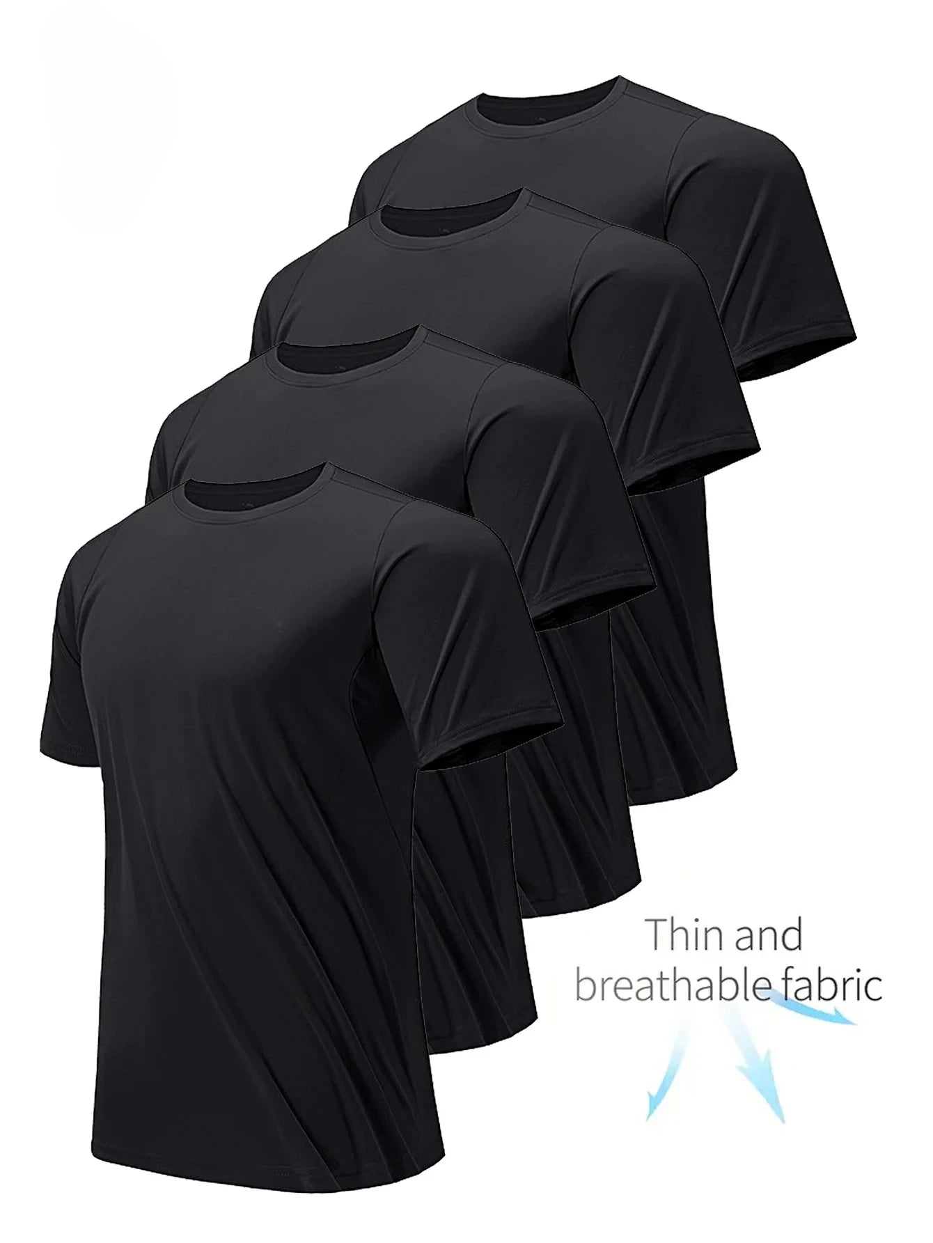 Round Neck T-Shirt 4-Pack Black Ultra-Light Men's Quick Drying Breathable Sweat-Absorbent Shirt Suitable for Fitness Gym and Run