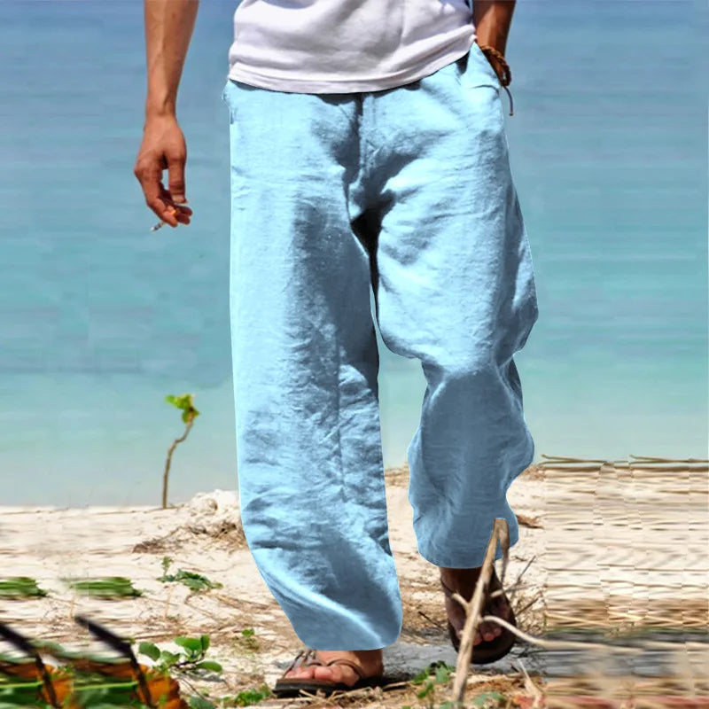 2025 New Men's Cotton Linen Pants Loose Autum Casual Pants Male Breathable Solid Color Drawstring Jogger Yoga Long Trousers
