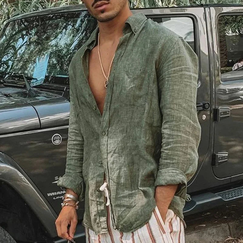 Men's casual fashion solid color thin long-sleeved shirt, lapel cardigan, suitable for outdoor activities