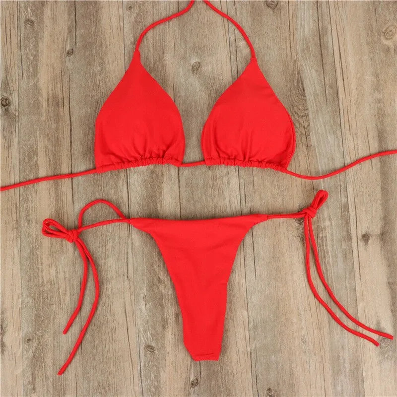 Women Tie Sexy Thong Bikini Set Side Swimsuit Bandage Style Brazilian Swimwear Split Strap Adjustable Solid Female Swimsuit Set