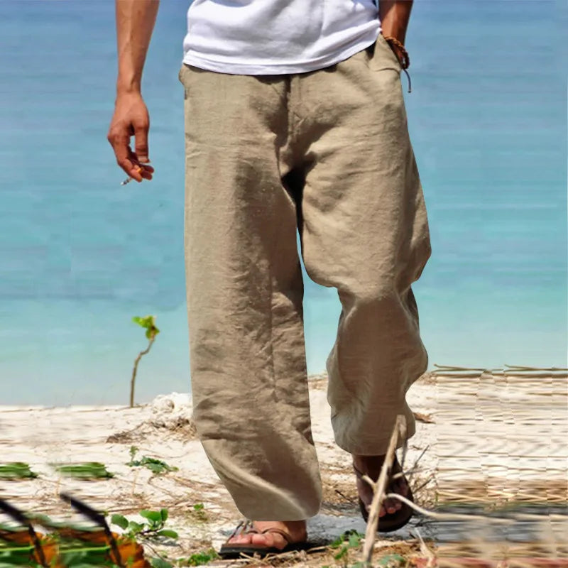 2025 New Men's Cotton Linen Pants Loose Autum Casual Pants Male Breathable Solid Color Drawstring Jogger Yoga Long Trousers