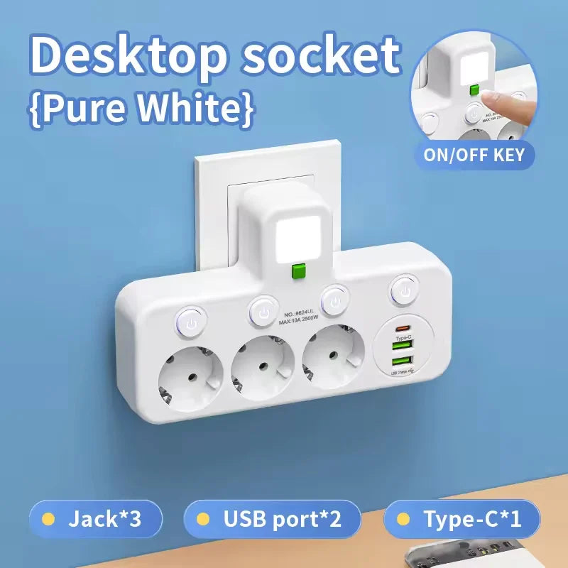 EU plug and socket, 4-pole socket, multifunctional wall plug, with or without extension cords or USB and Type-C interfaces