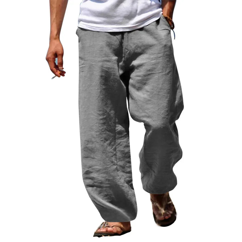 2025 New Men's Cotton Linen Pants Loose Autum Casual Pants Male Breathable Solid Color Drawstring Jogger Yoga Long Trousers