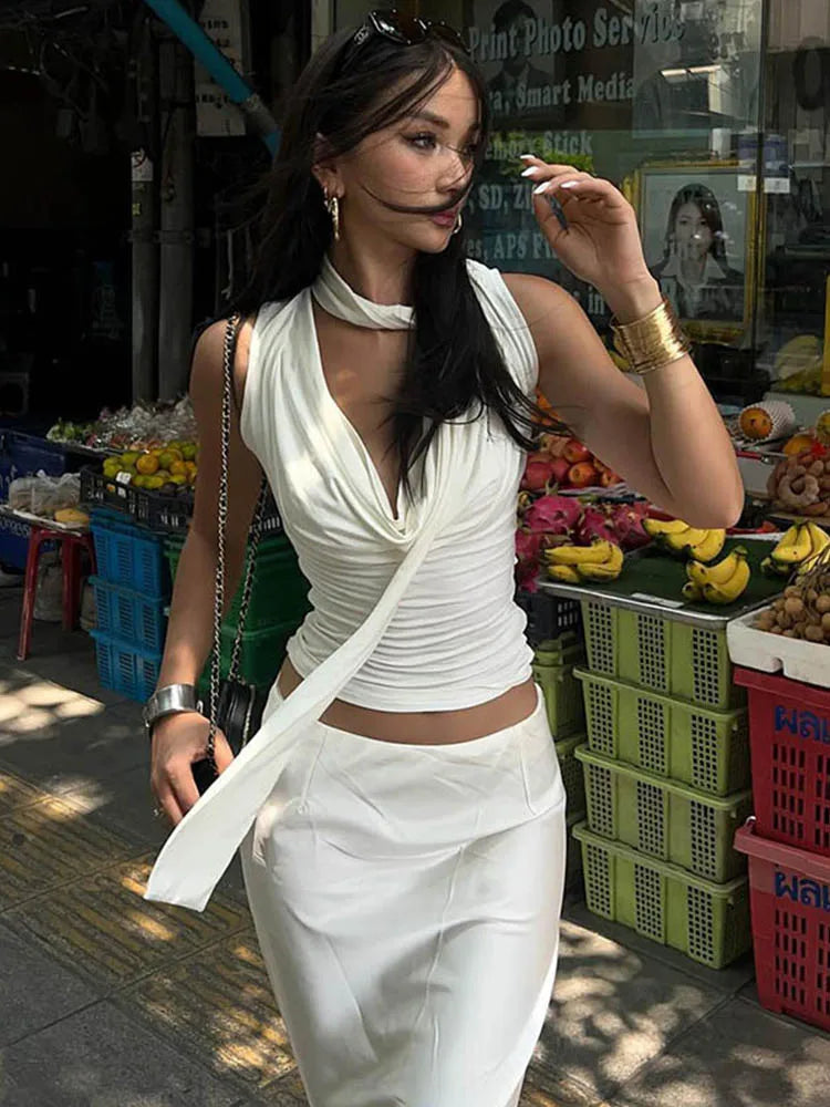 Women's Sexy Sleeveless V-Neck Solid Tank Top Fashion Bandage Streetwear Casual Slim Fit Elegant Knitted Summer Lady's Clothing