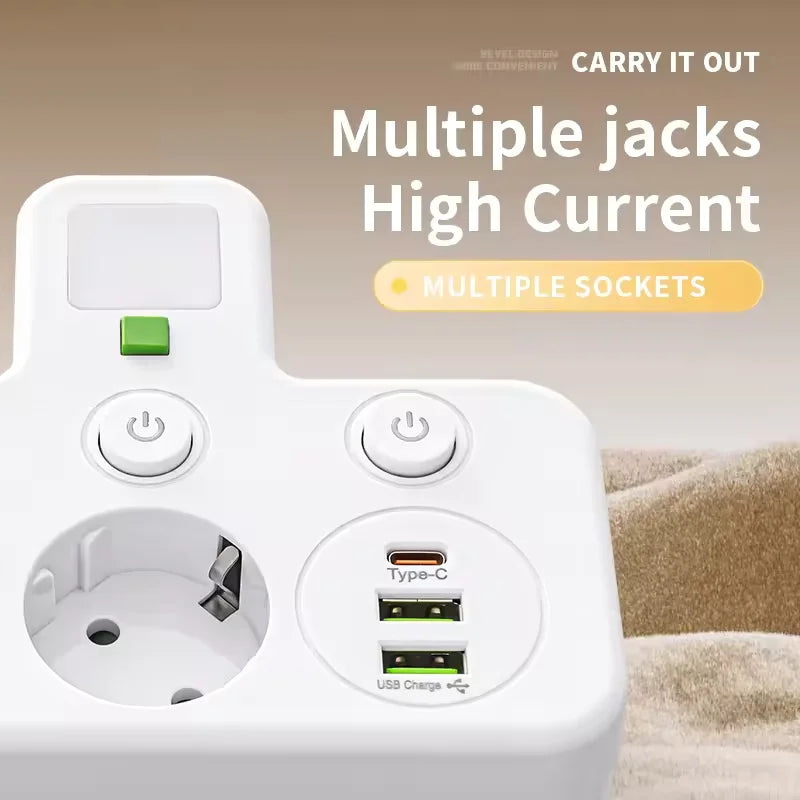 EU plug and socket, 4-pole socket, multifunctional wall plug, with or without extension cords or USB and Type-C interfaces