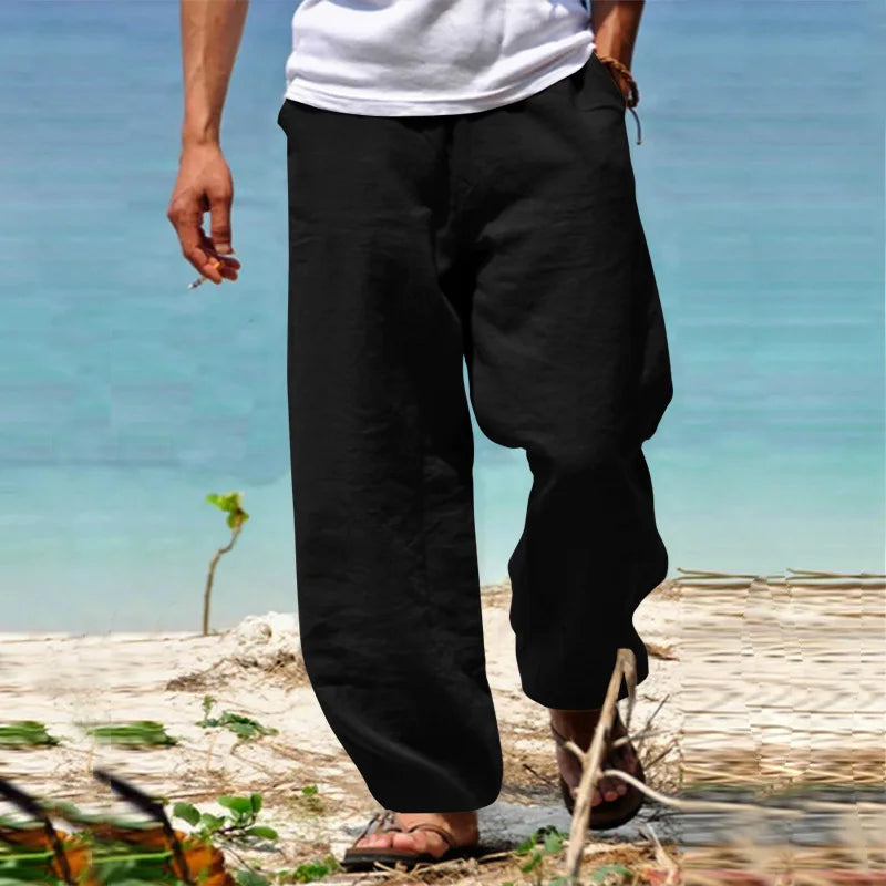 2025 New Men's Cotton Linen Pants Loose Autum Casual Pants Male Breathable Solid Color Drawstring Jogger Yoga Long Trousers
