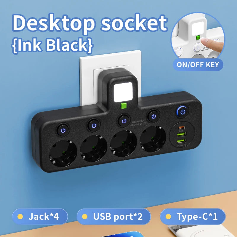 EU plug and socket, 4-pole socket, multifunctional wall plug, with or without extension cords or USB and Type-C interfaces
