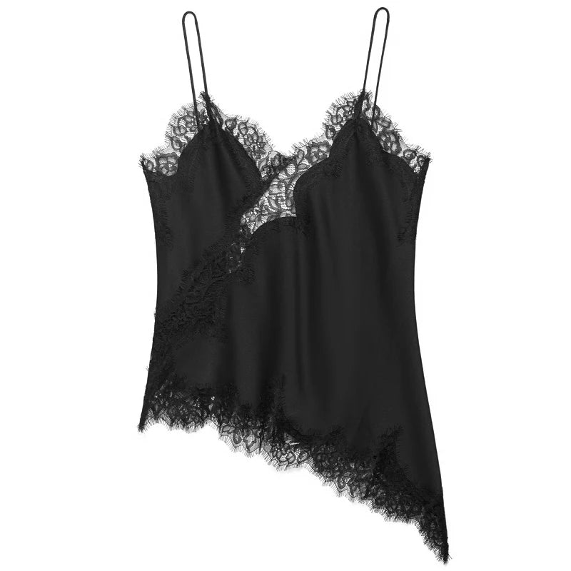 Elegant Asymmetrical Lace Lace Patchwork Top Sleeveless Backless Camisole Tops V Neck Sexy Lace Women tank top Summer Wear