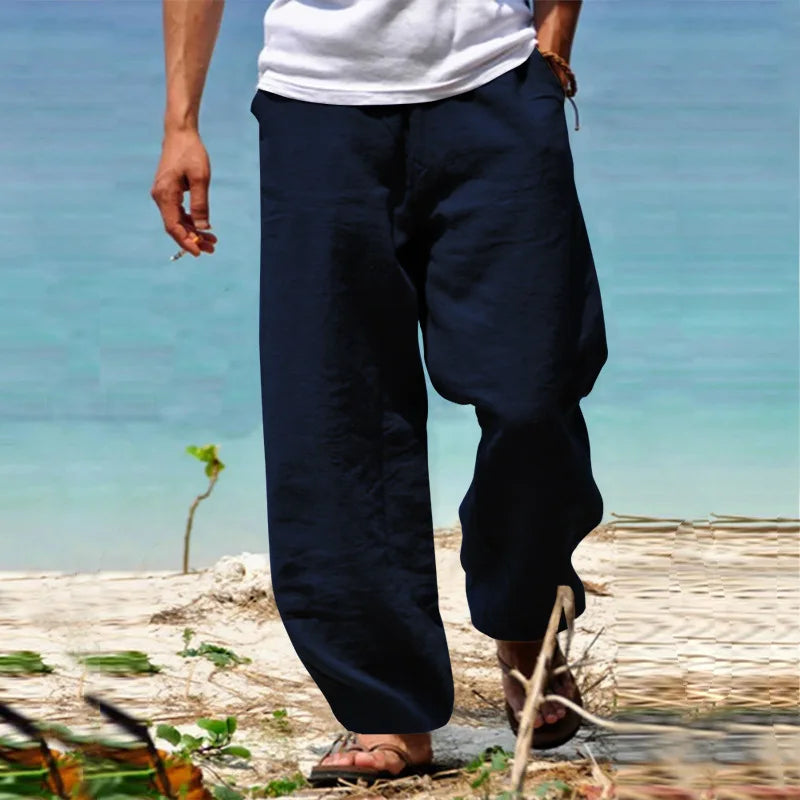 2025 New Men's Cotton Linen Pants Loose Autum Casual Pants Male Breathable Solid Color Drawstring Jogger Yoga Long Trousers