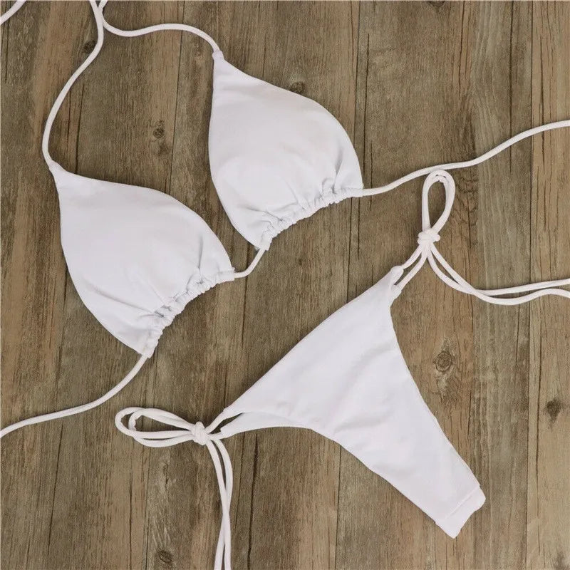 Women Tie Sexy Thong Bikini Set Side Swimsuit Bandage Style Brazilian Swimwear Split Strap Adjustable Solid Female Swimsuit Set