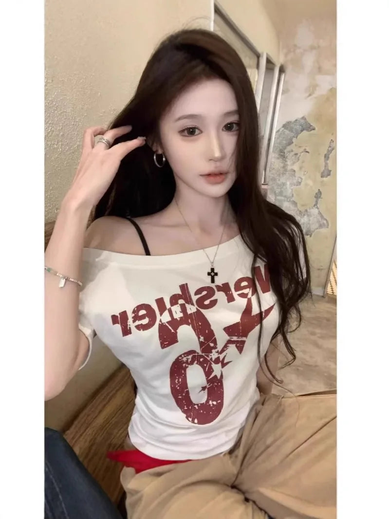 Y2k Sport Summer Off Shoulder Top Women Sexy Vintage 2000s Short Sleeve T Shirt Lady Body Basic Crop Top Female Casual