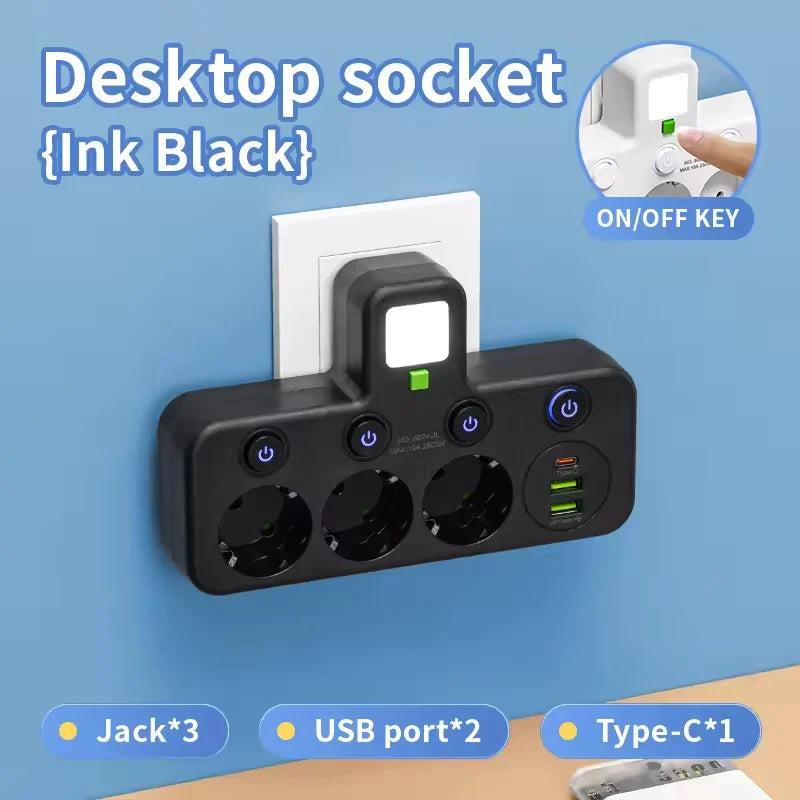 EU plug and socket, 4-pole socket, multifunctional wall plug, with or without extension cords or USB and Type-C interfaces