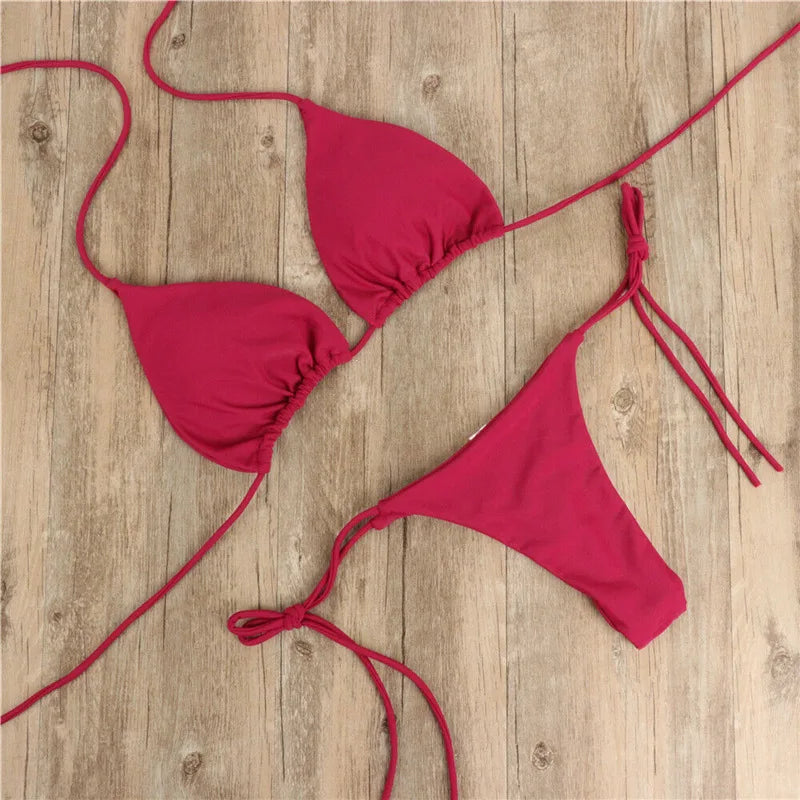 Women Tie Sexy Thong Bikini Set Side Swimsuit Bandage Style Brazilian Swimwear Split Strap Adjustable Solid Female Swimsuit Set