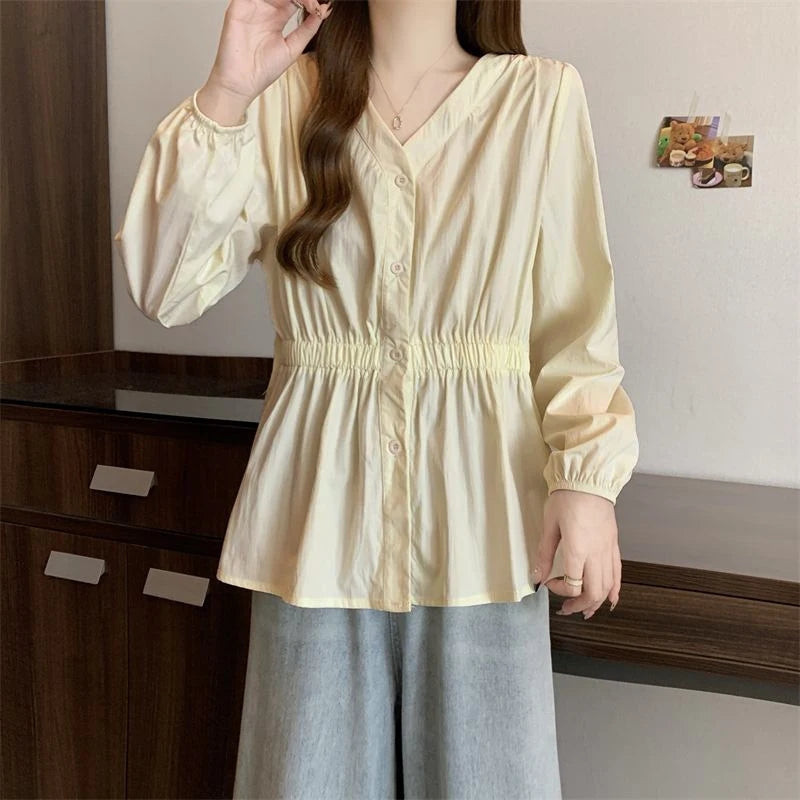 200 Pounds Plus Size Elastic Waist Office Lady Trend Shirt And Blouse Solid Color Top Women Clothing V-neck French Chic Basics