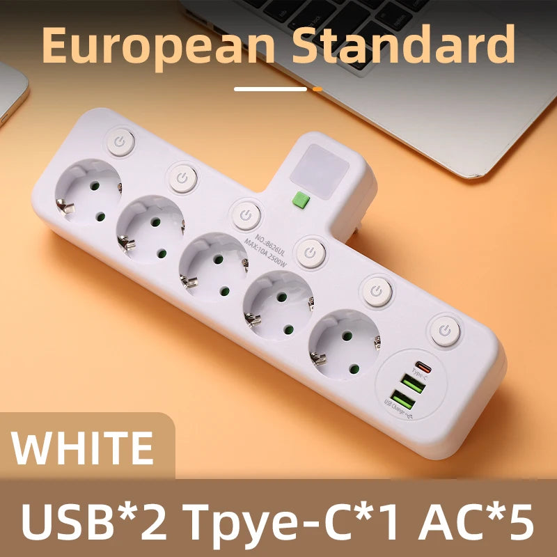 EU plug and socket, 4-pole socket, multifunctional wall plug, with or without extension cords or USB and Type-C interfaces